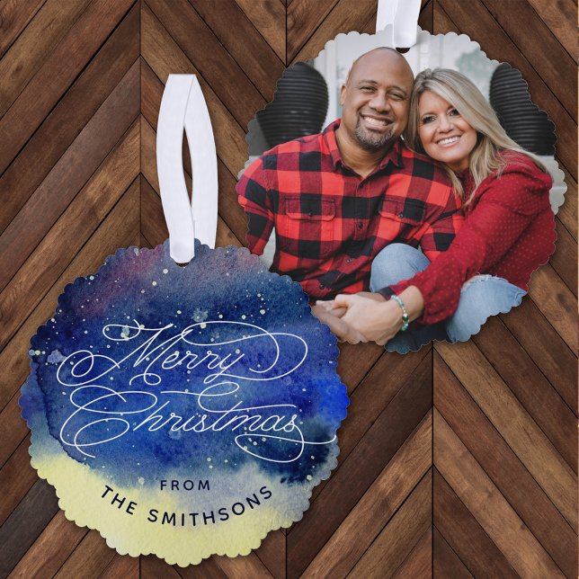 Customisable Photo Cute Navy Blue Merry Christmas Tree Decoration Card (Creator Uploaded)
