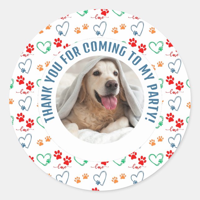 Customisable Photo Dog Birthday Thank You Party Classic Round Sticker (Front)