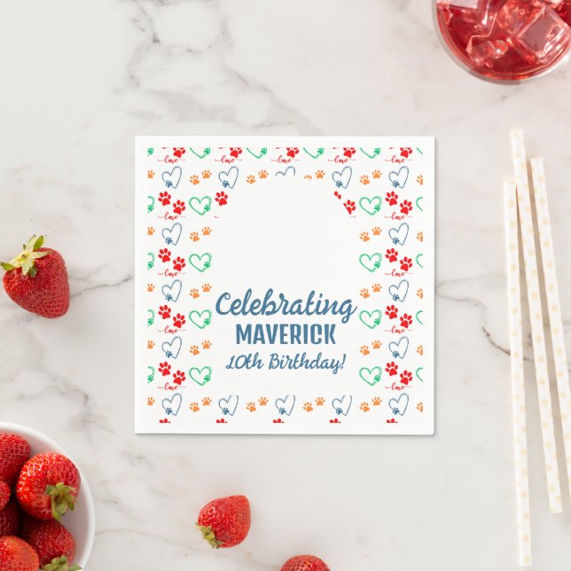 Customisable Photo Paw Print Dog Birthday Party Napkin (Insitu)