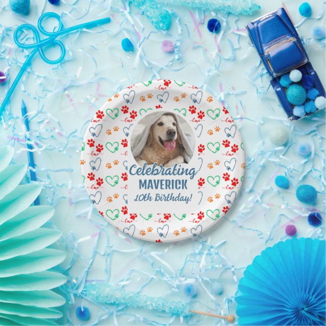 Customisable Photo Paw Print Dog Birthday Party Paper Plate (Party)