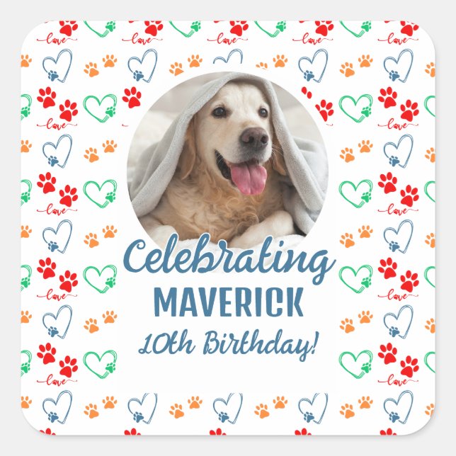 Customisable Photo Paw Print Dog Birthday Party Square Sticker (Front)
