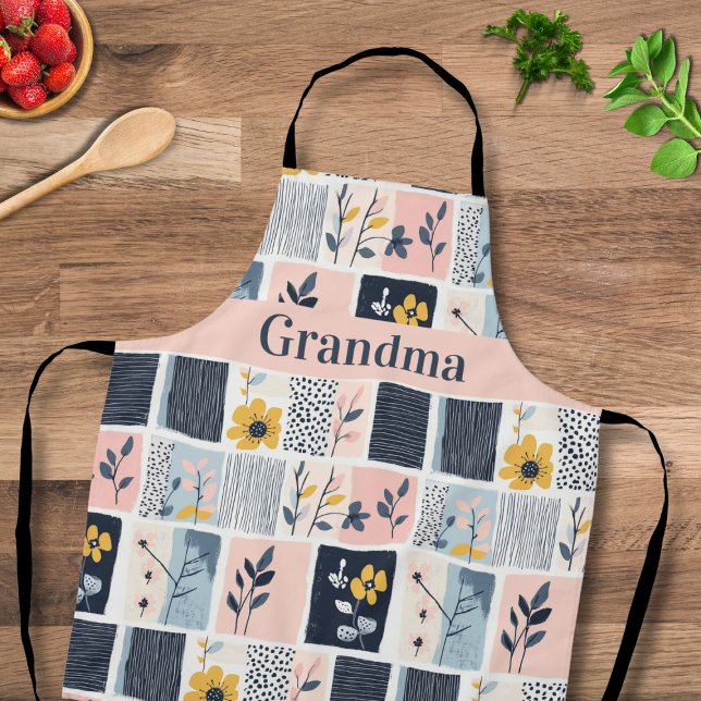 Customisable Pink and Navy Floral Patchwork Quilt  Apron (Creator Uploaded)