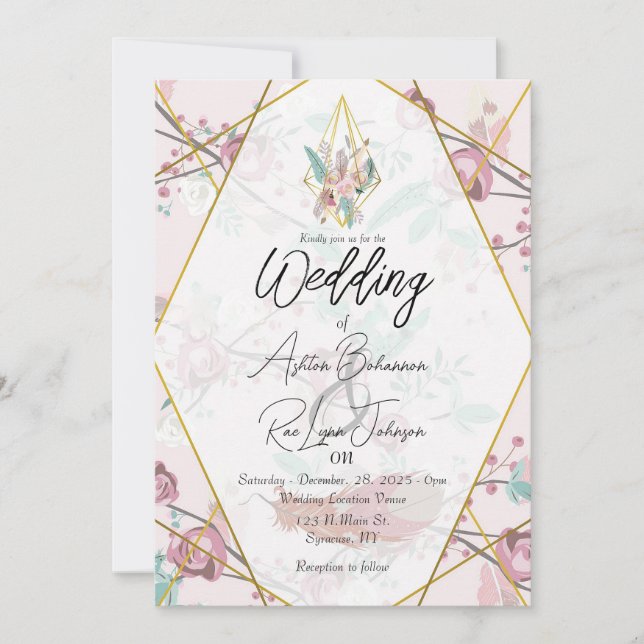 Customisable Pink Boho Wedding Invitation (Front)