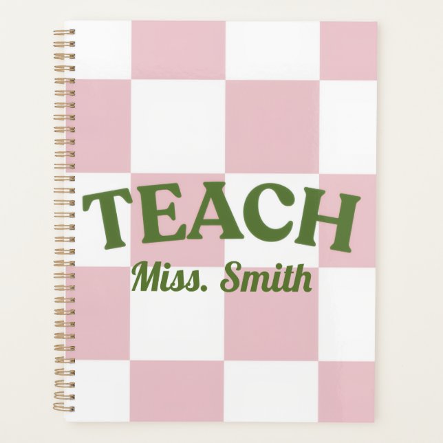 Customisable Pink Chequered Teacher Planner (Front)
