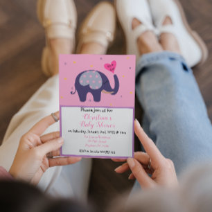 Customisable Pink Elephant Baby Girl Shower Invitation