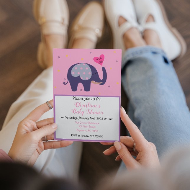 Customisable Pink Elephant Baby Girl Shower Invitation (Creator Uploaded)