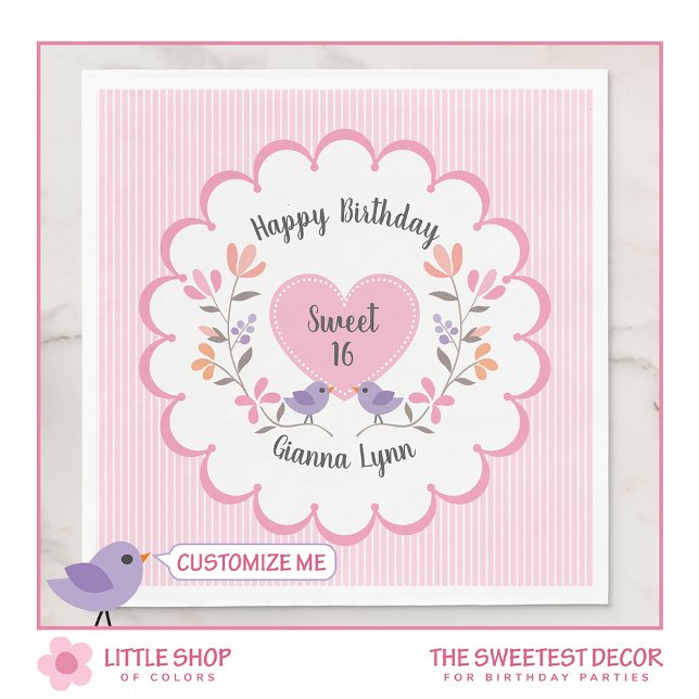 Customisable Pink Floral Sweet 16 Birthday Party Napkin (Creator Uploaded)