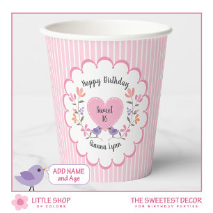 Customisable Pink Floral Sweet 16 Birthday Party Paper Cups