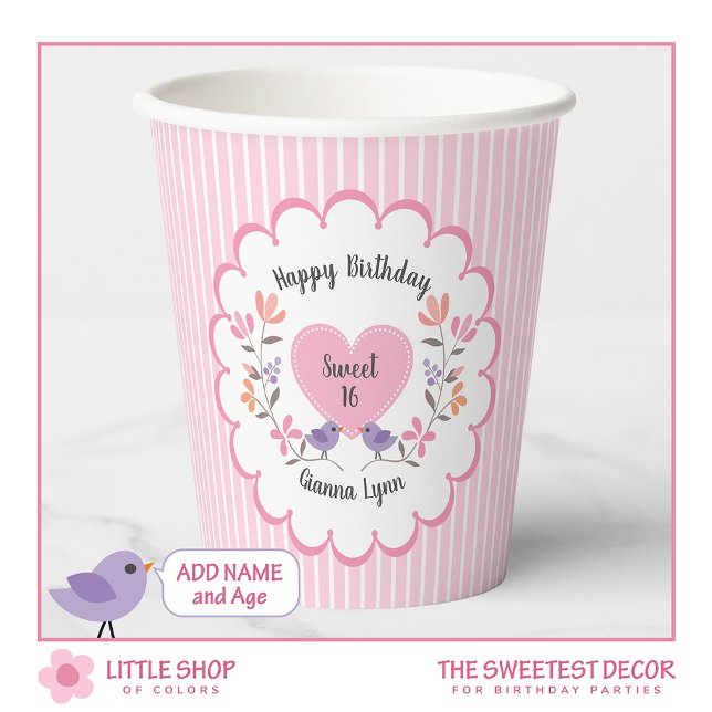 Customisable Pink Floral Sweet 16 Birthday Party Paper Cups (Creator Uploaded)