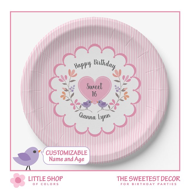 Customisable Pink Floral Sweet 16 Birthday Party Paper Plate (Creator Uploaded)