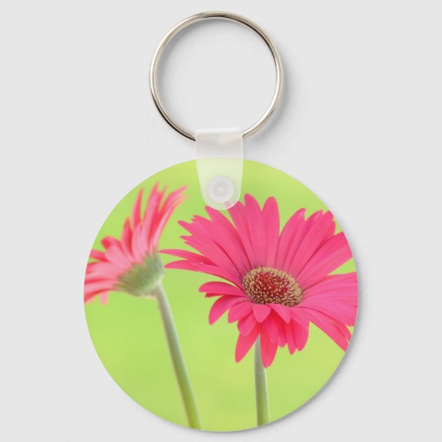 Customisable Pink Gerber Daisies on Green Key Ring (Front)