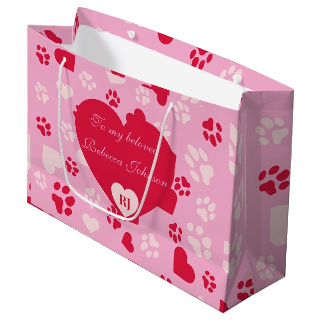 Customisable Pink Gift Bag with Paw prints Pattern (Front Angled)