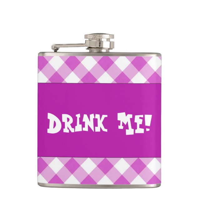 Customisable Pink Gingham Drink Me Flask (Front)