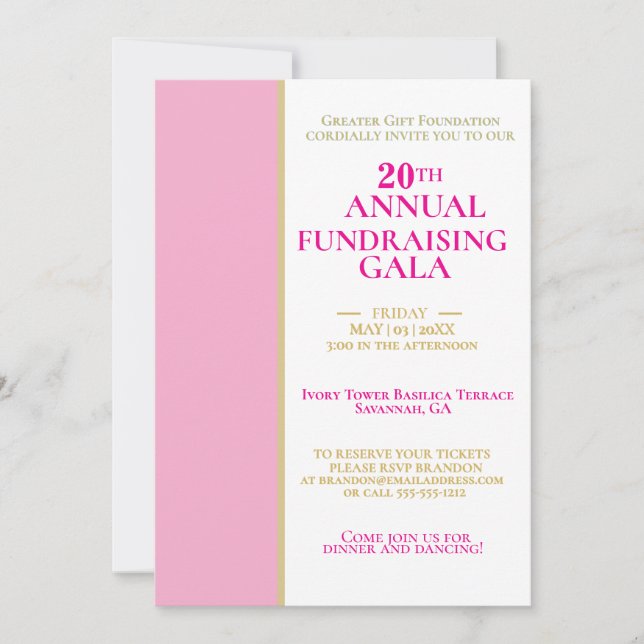 Customisable Pink & Gold Charity Fundraising Gala Invitation (Front)