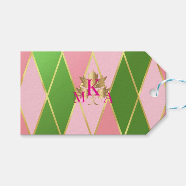 Customisable Pink & Green Argyle  Gift Tags (Front (Horizontal))