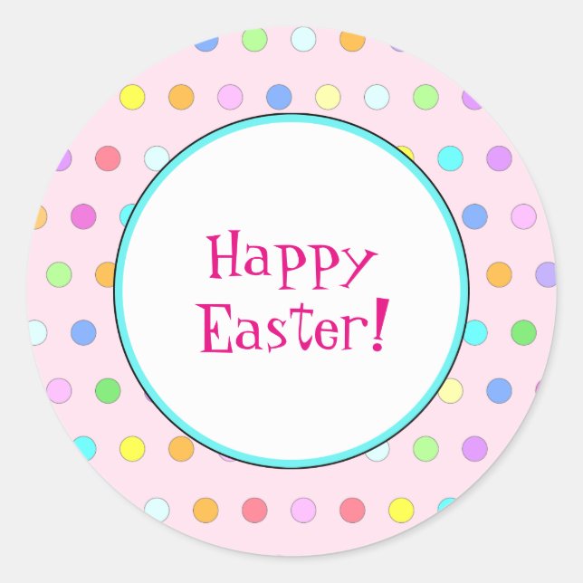 Customisable Pink Happy Easter Pastel   Polka Dots Classic Round Sticker (Front)