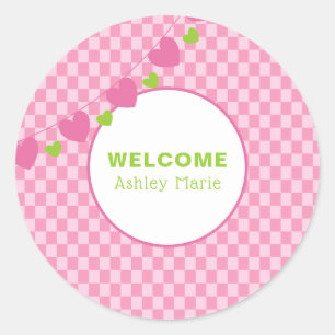 Customisable Pink Heart Chequerboard Welcome Baby Classic Round Sticker