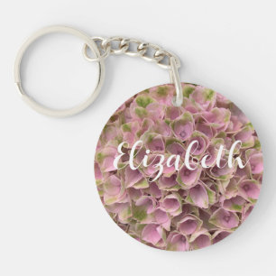Customisable Pink & Pale Green Floral Hydrangea Key Ring