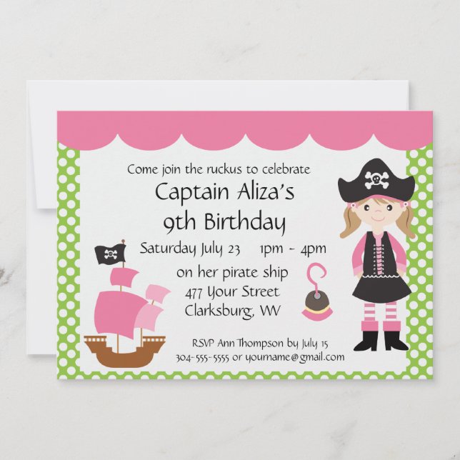 Customisable Pink Pirate Girl Birthday Party Invitation (Front)