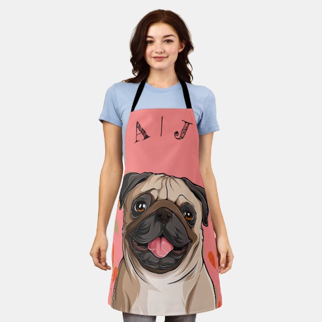 Customisable Pink Pug Dog Monogram  Apron (Worn)