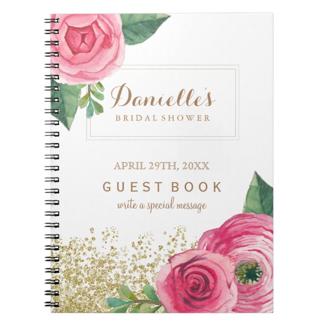 Customisable Pink Roses Bridal Shower Guest Book (Front)