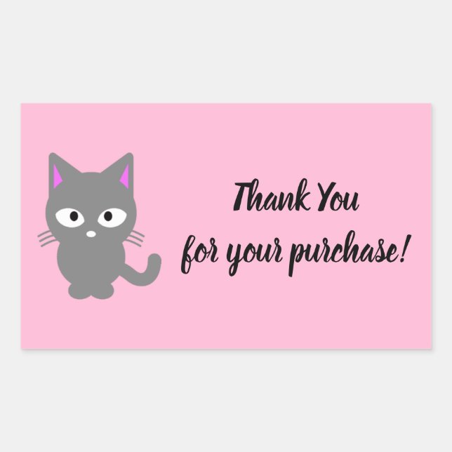 Customisable pink Thank You sticker with grey cat (Front)