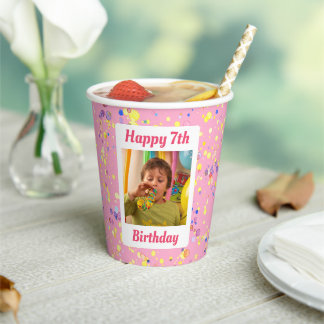 Customisable Pink Watercolor Birthday Photo Frame Paper Cups