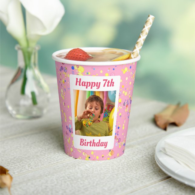 Customisable Pink Watercolor Birthday Photo Frame Paper Cups (Insitu)