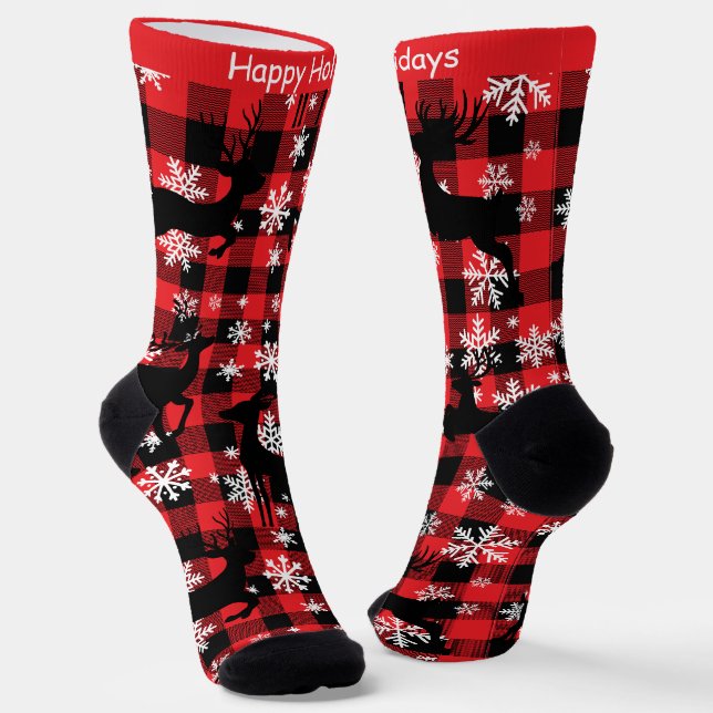Customisable Plaid Reindeer "Happy Holidays" Socks (Angled)