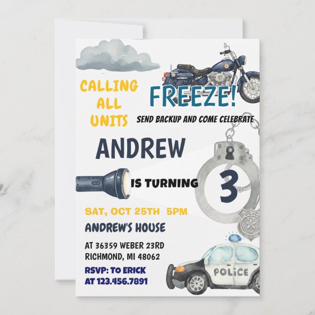 Customisable Police Cop kid birthday Party  Invitation (Front)