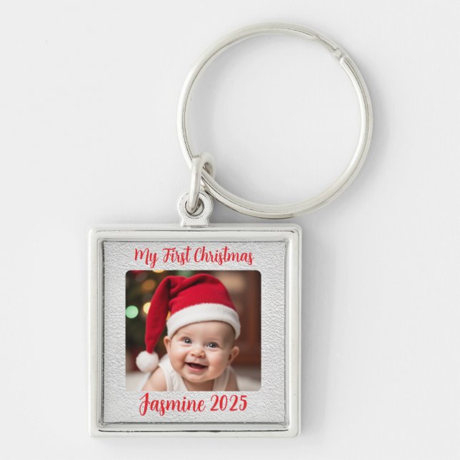 Customisable Premium Square Baby First Christmas Key Ring (Front)