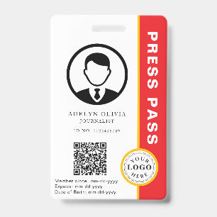 Customisable Press Pass with Photo ID & QR Code Badge
