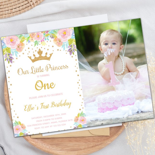 Customisable Princess Party Invitations for Kids (Crown Princess Birthday Invitations with photo)
