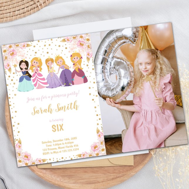 Customisable Princess Party Invitations for Kids (Pink Floral Glitter Princess Cards with photo)