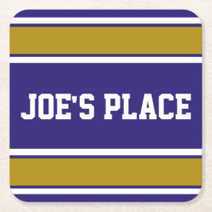 Customisable Purple and Old Gold Sports Stripes Square Paper Coaster