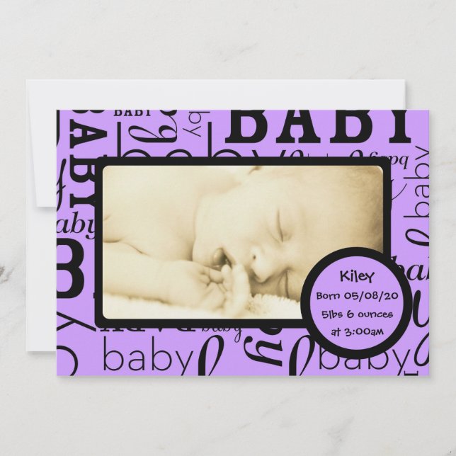 Customisable purple baby photo announcements (Front)