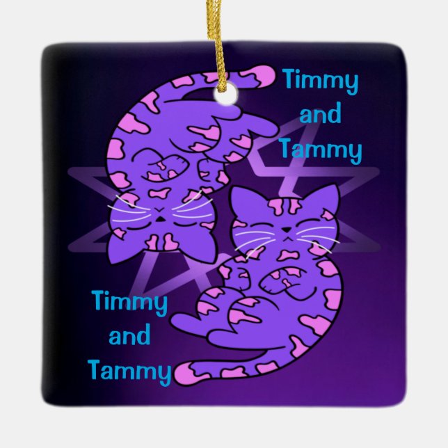 Customisable Purple Gemini Retro Neon Kittens Ceramic Ornament (Front)