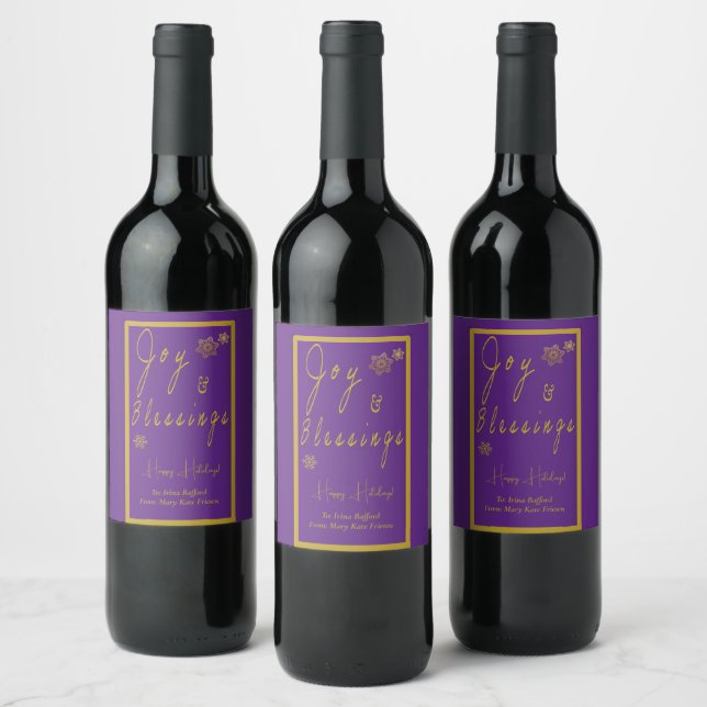 Customisable Purple & Gold 'Joy & Blessings'  Wine Label (Bottles)