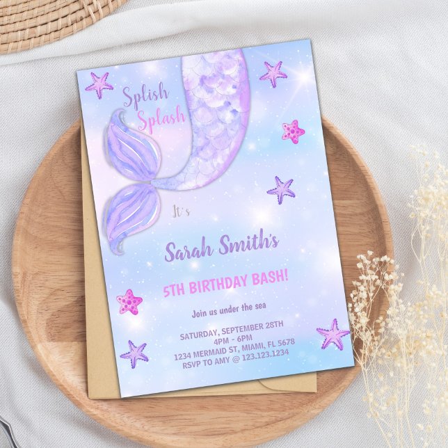 Customisable Purple Star Mermaid Birthday Invitation (Purple Star Mermaid Birthday Invitations)