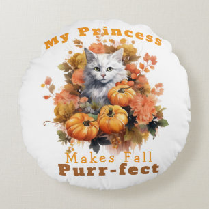 Customisable Purr-fect Autumn Cat Princess Round Cushion