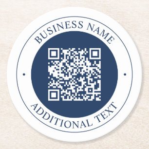 Customisable QR code & Text Dark Navy Blue Round Paper Coaster