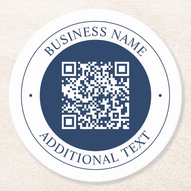 Customisable QR code & Text | Dark Navy Blue Round Paper Coaster (Front)