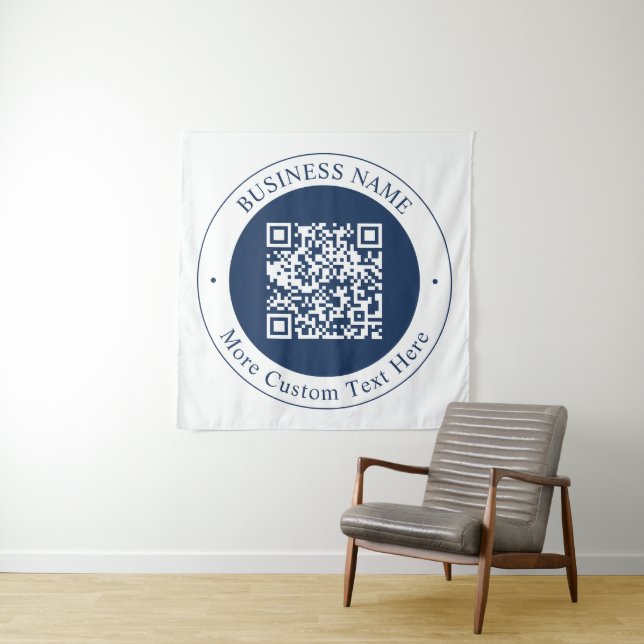 Customisable QR code & Text | Dark Navy Blue Tapestry (In Situ)