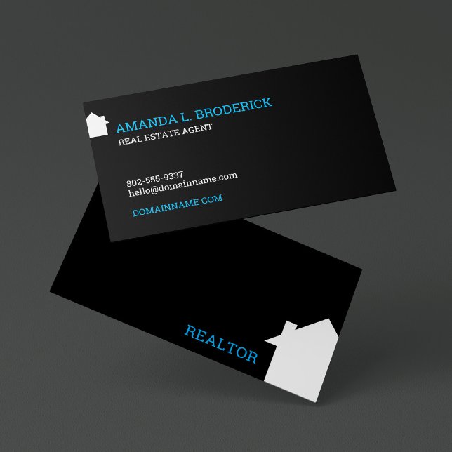Customisable Real Estate Simple House Logo Modern  Business Card (Modern bold black business card for real estate agent featuring a white house silhouette.)