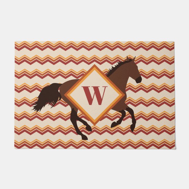 Customisable Red + Brown Chevron Autumn Horse Doormat (Front)