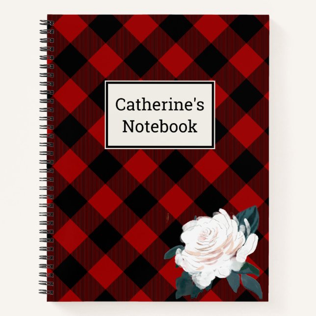 Customisable Red Buffalo Plaid White Rose Notebook (Front)
