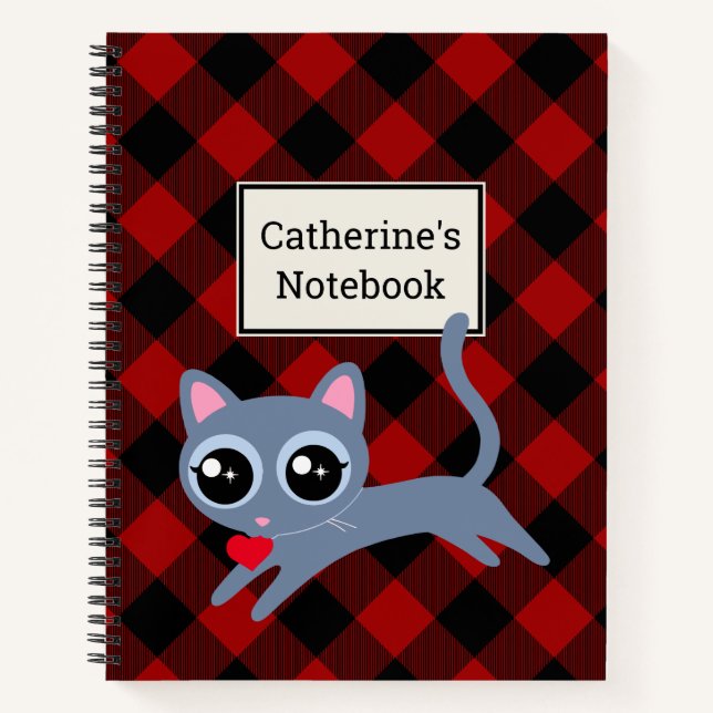 Customisable Red Buffalo Plaid with Grey Kitty Notebook (Front)
