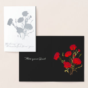 Customisable Red Carnation Floral Black New Year Foil Card
