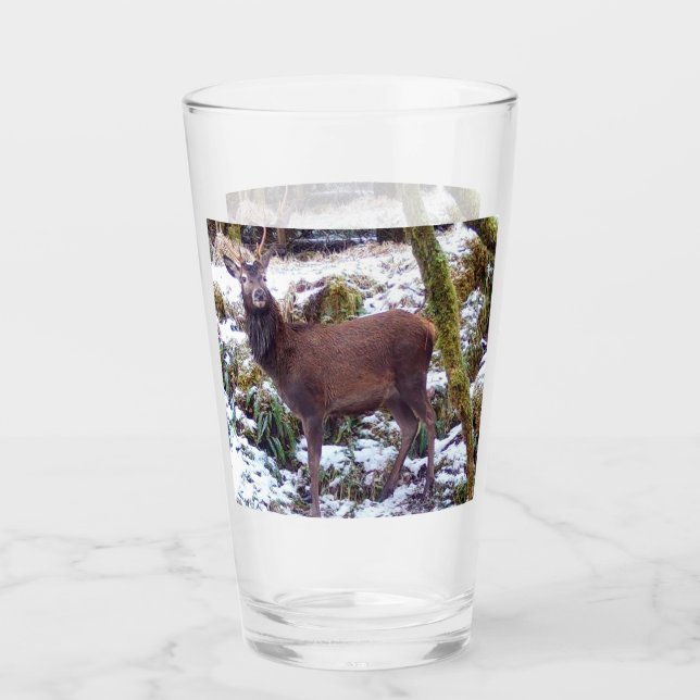 Customisable Red Deer Stag in Snow Nature Art Glass (Front)
