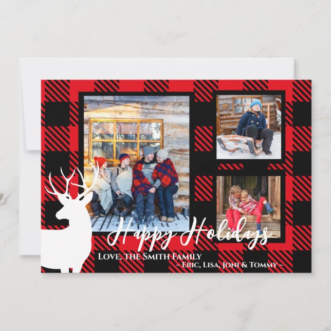 Customisable Red Plaid White Deer Christmas Card (Front)